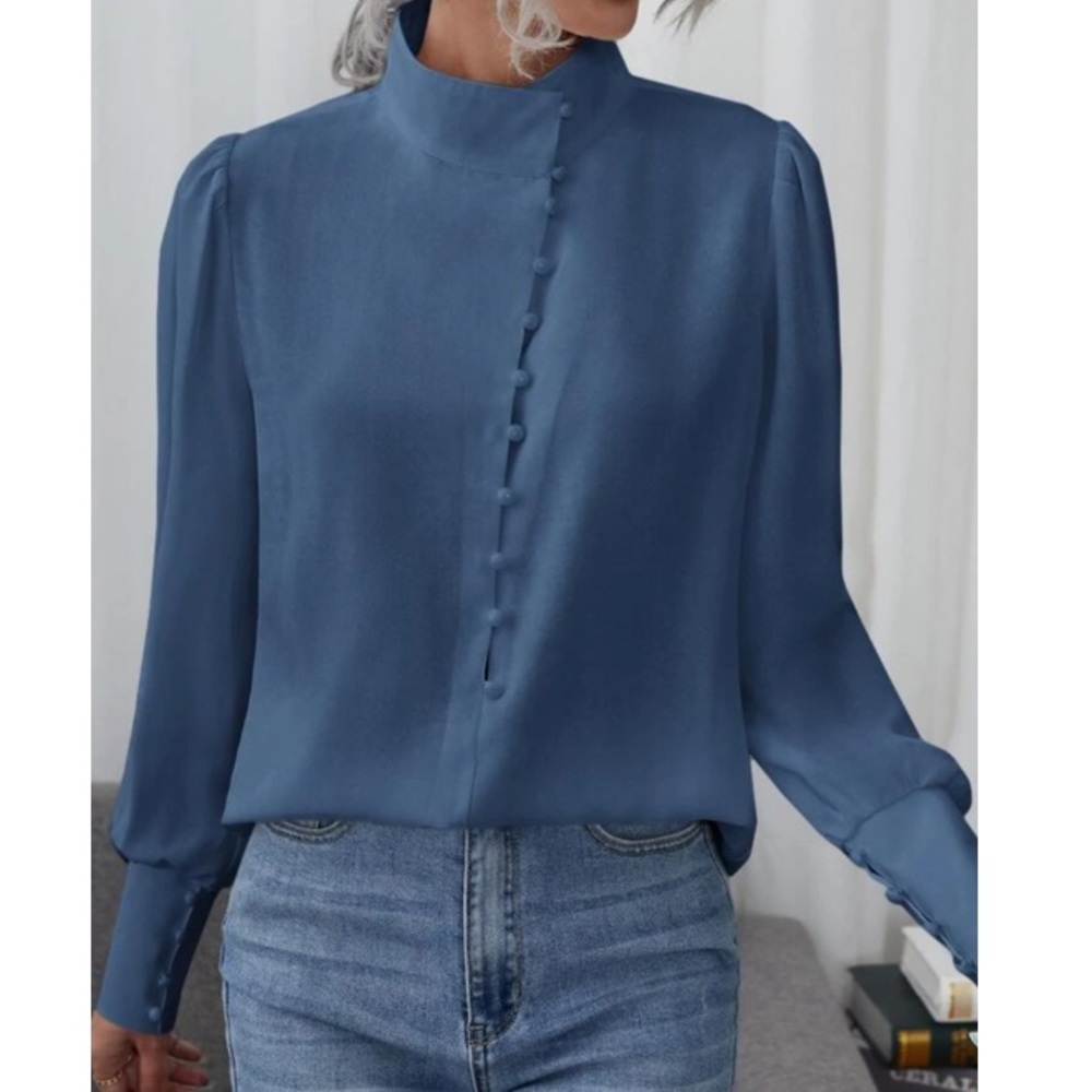 Blue  button detail stand neck blouse